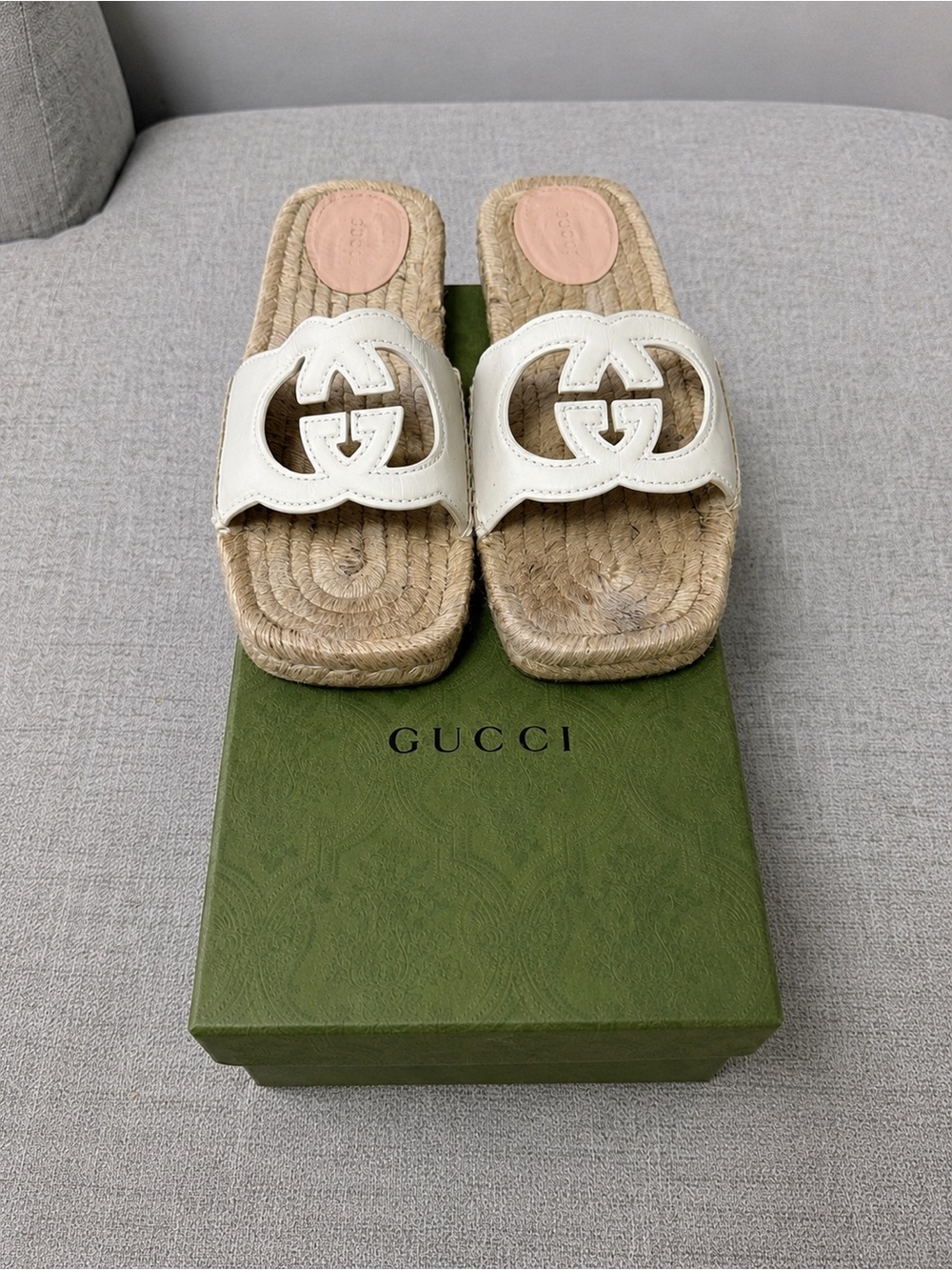 Gucci White Leather Interlocking G Espadrille Slides
